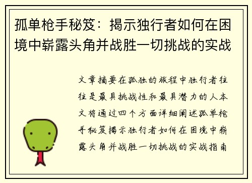 孤单枪手秘笈：揭示独行者如何在困境中崭露头角并战胜一切挑战的实战指南